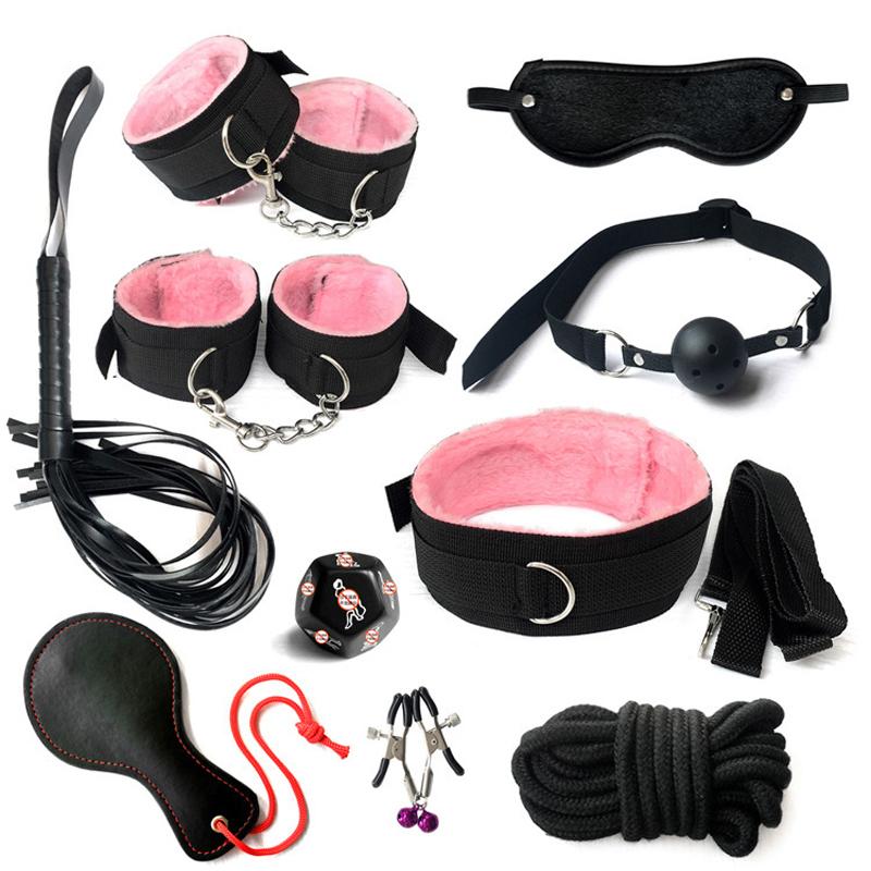 BDSM Bondage Set Sexy Plüsch Handschellen Leder Peitsche Mund Ball Gag Nippel Klemmen Kits Sex Spielzeug Für Paare Zwei Exotische