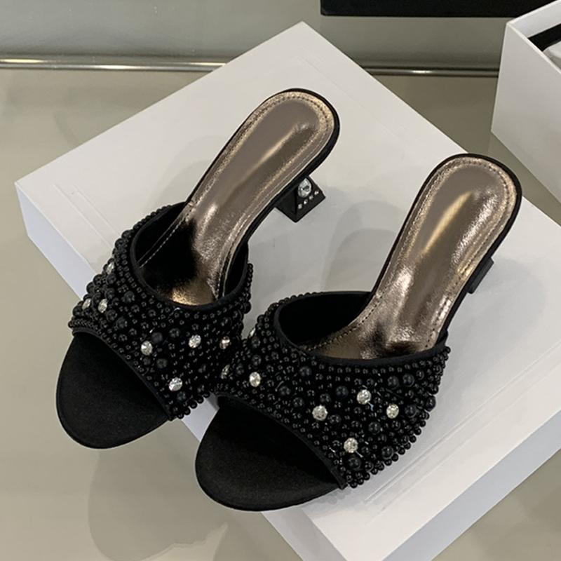 Summer Fashion White Pearl Women Slippers Sandals Open Toe Crystal Rhinestone Low Heels Mules Female Party Dress Shoes