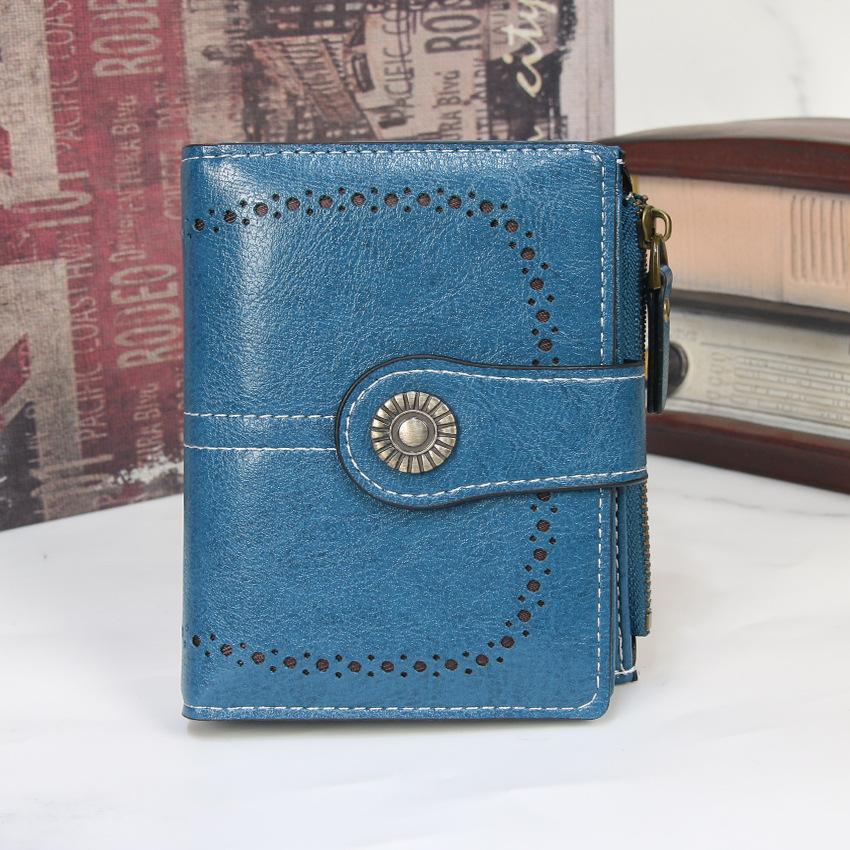 Women Short Hollow-Out Wallet Vintage PU Leather Multi Card Holder Zipper Coin Purse Small Lady 3 Fold Clutch Wallet
