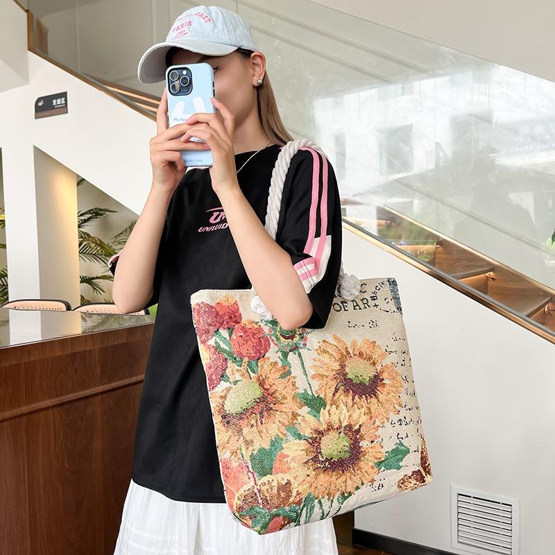 Single-shoulder Bag Fashionable Large-capacity Tote Bag Embroidered Linen Bag