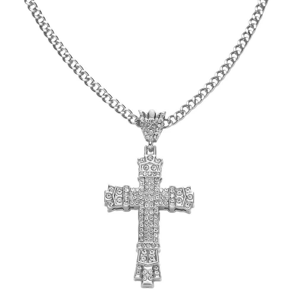 1 Simple Style MEN'S Rhinestone Christian Cross Rhinestone Pendant Necklace Personality Fashion Street Domineering Chain Jewelry