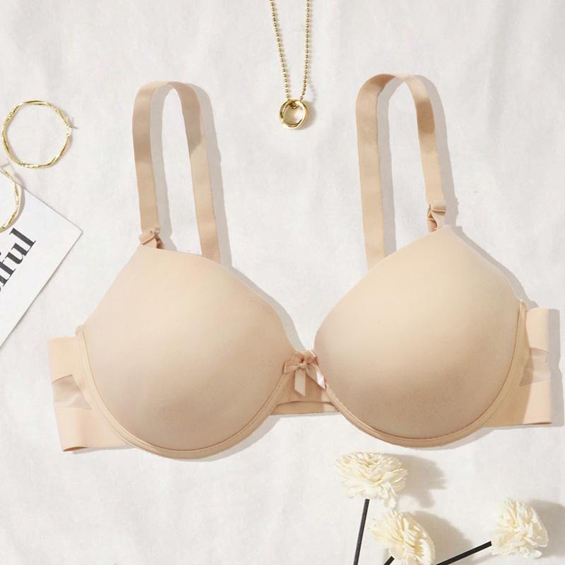 Women Small Bust-enhancing Gathered Bra with Seamless Clasp Mesh Breathable Straps Bow-knot Underwire Lingerie- 9874