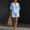 Women's Linen Blend Loose Short Sleeve Top and Shorts Set Summer Outfit Multi Colors