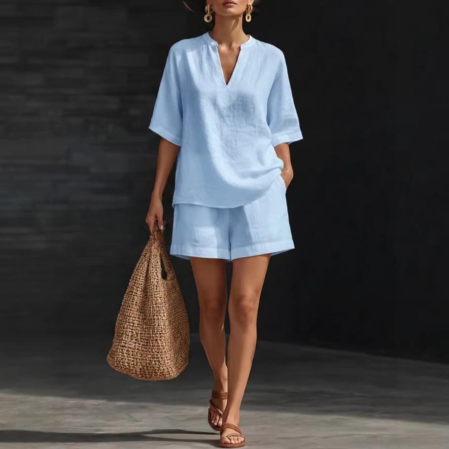 Women's Linen Blend Loose Short Sleeve Top and Shorts Set Summer Outfit Multi Colors