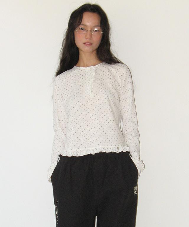 RONRON Dot Ruffle Long Sleeve T Shirt White