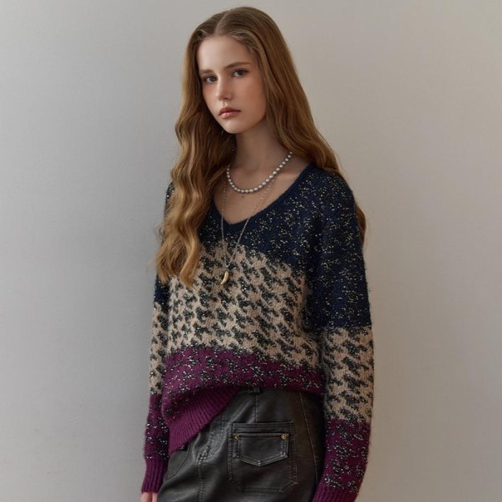 Maxza Sequin Houndstooth Color Block Knit Braun/FREE