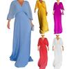 Women Evening Dress Dolman Sleeves Pleated V Neck Pure Color High Slim Waist Full Length Party Prom Maxi Dress