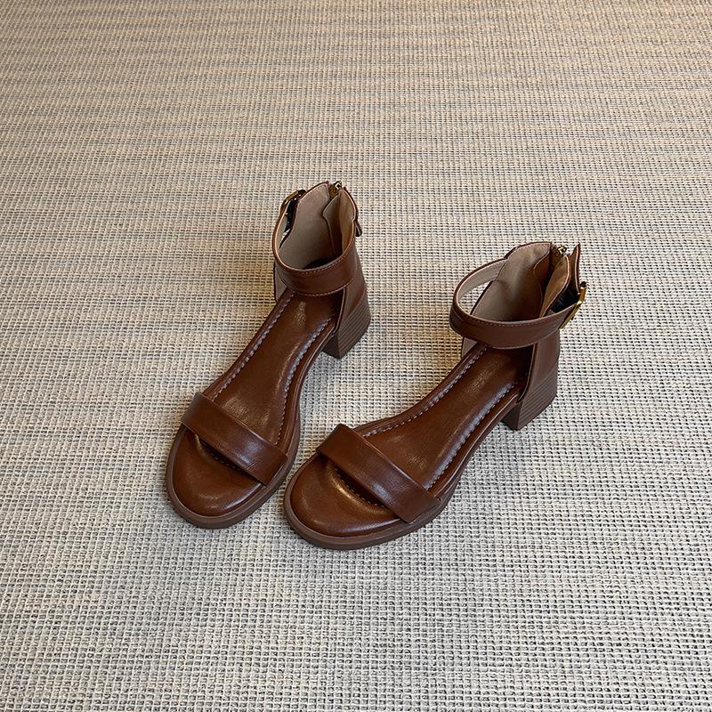 French Retro One-word with Sandals for Women's Summer Wear, Stepping On Shit, High Heels, Soft Soles, Thick Heels, Medium Heels, Soft Soles, Not T