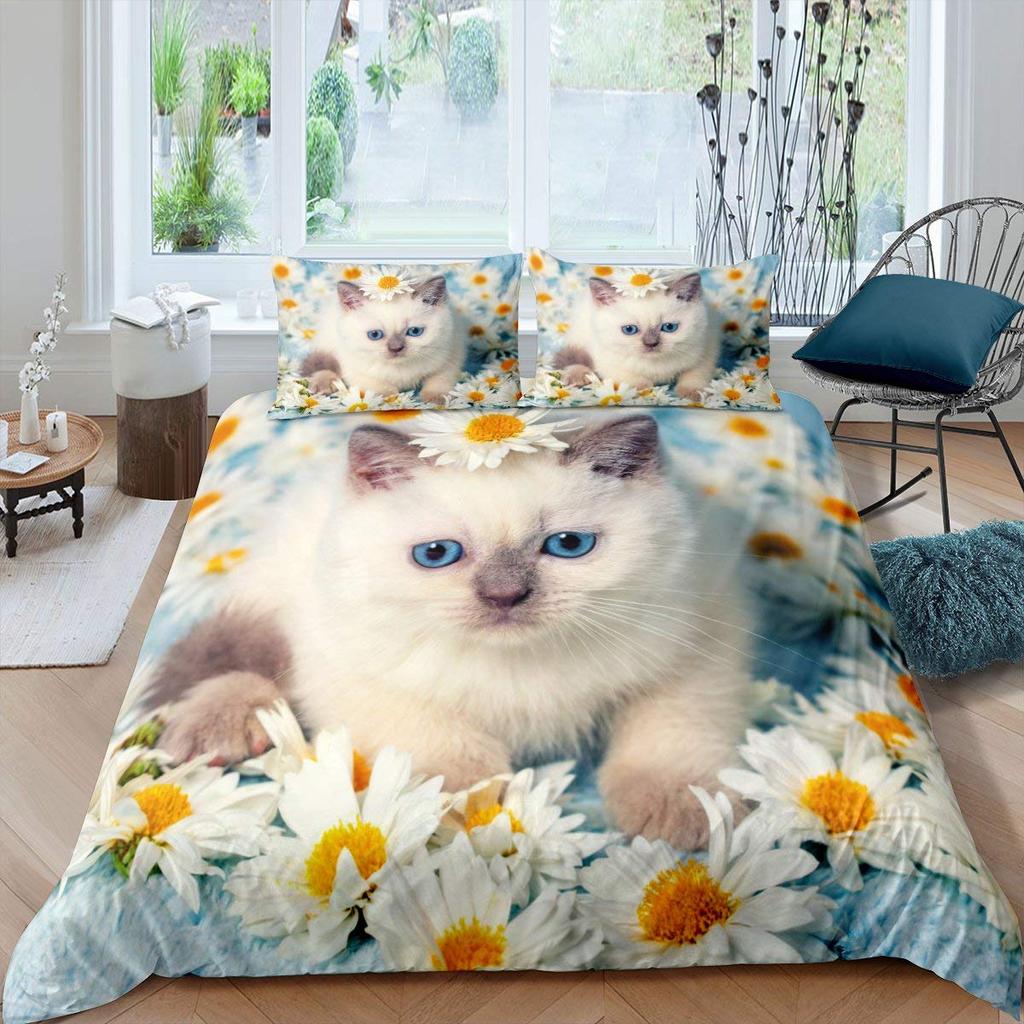 Sött Katt Färgglad Fjärilsdekor Påslakan för Barn Tonåringar Pojkar Flickor Djur Husdjur Tema Täckeöverdrag Mode Sovrumsdekorationer