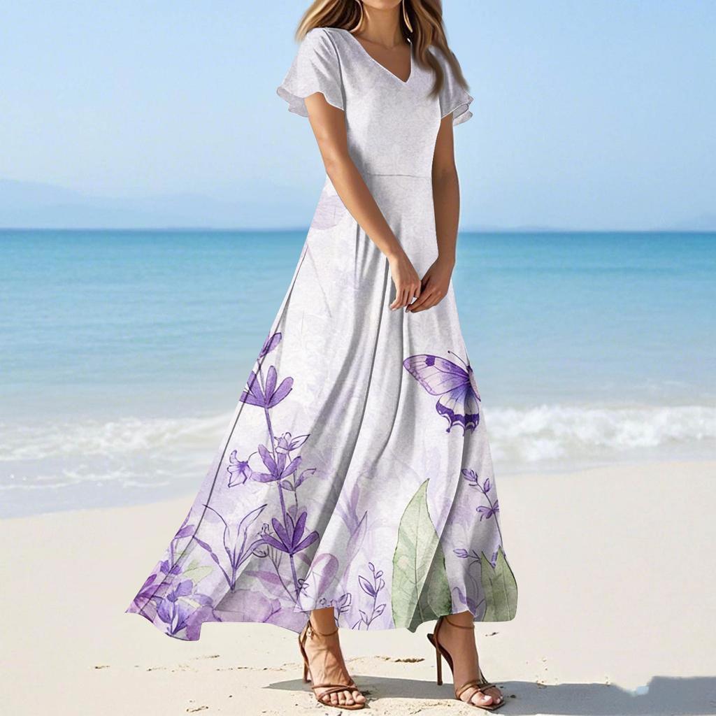 Women's Summer Casual Fashion Print Color Dresses V-Neck Short Sleeve Dresses