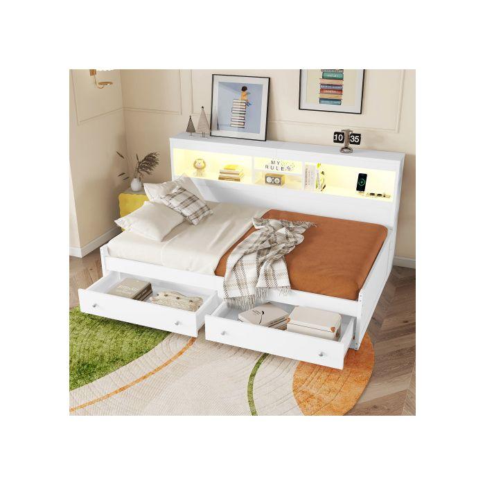 Tagesbett - MUVOE - 90x200 cm - Weiß - Mit LED-Licht - 2 USB-Anschlüsse
