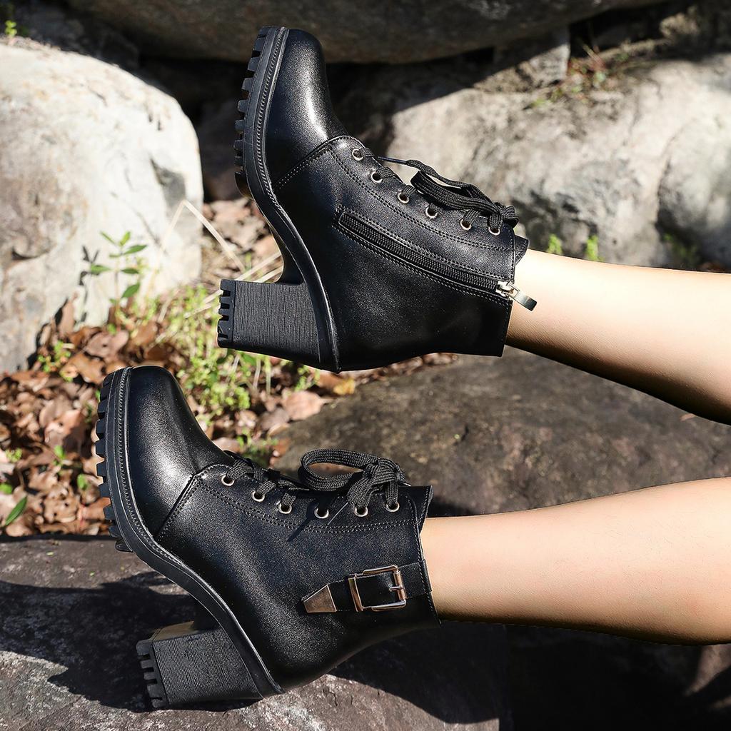 Mode Damenstiefel Mode Luxus Schnürstiefeletten Plateau Kunstleder High Heels Schuhe Damen Neuer Trend Retro Outdoor Stiefel