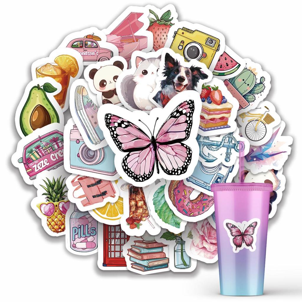 50 Small Fresh Stickers Bag Cartoon Cute Butterfly Stickers Water Cup Waterproof Stickers Graffiti Stickers Bag