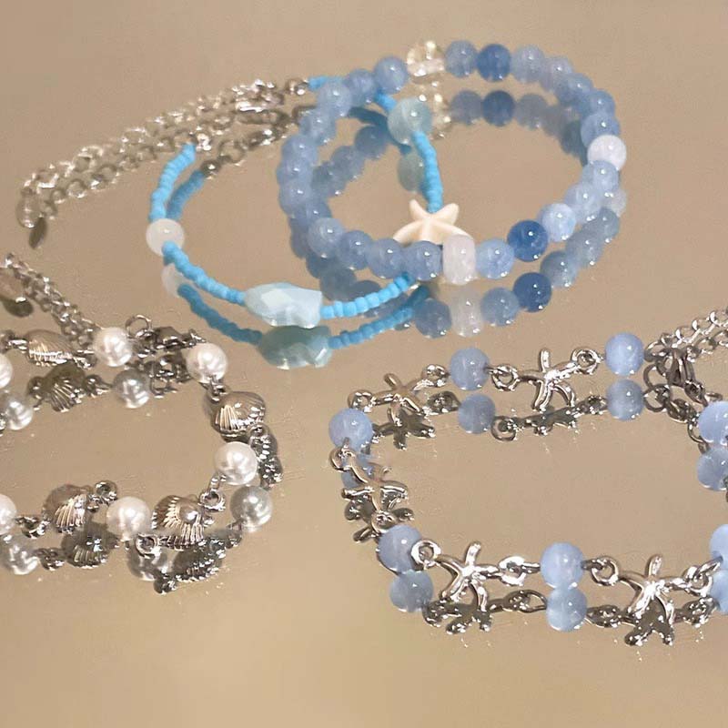 2Pcs/Set Fashion Blue Crystal Star Shell Bracelet For Women Girls Elegant Handmade Bead Chain Bracelets Best Friend Jewelry Gift