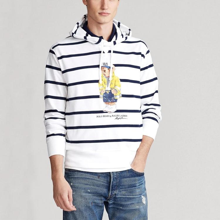 Polo Ralph Lauren Logo Stripe Printed Long Sleeve Hoodie Men hoodies White 710795725-001