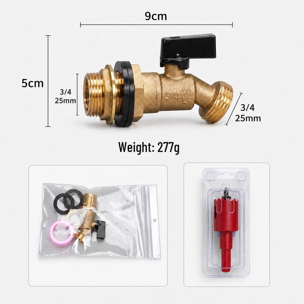 Cross-Border Brass Ball Valve with Bulkhead Fitting & G Thread Rain Barrel Faucet Set