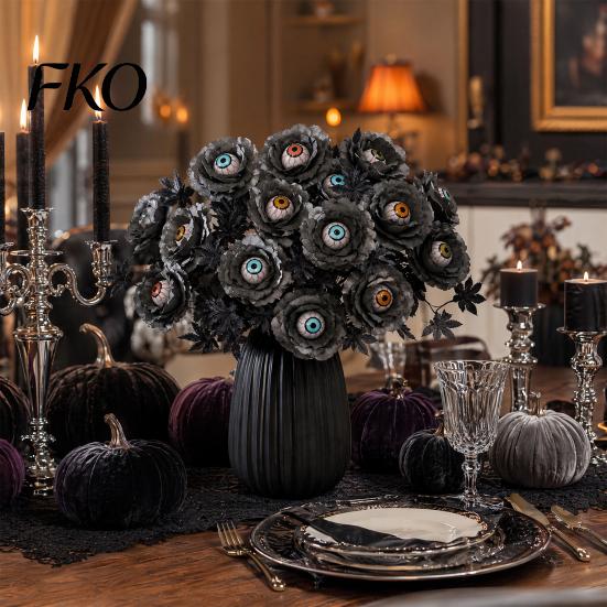 Festive Halloween Accents Eyeball Flower Stem, Artificial Rose Floral Pick with Eyeball, Spooky Branch Decoration Gothic Black Branches for Vase, Home