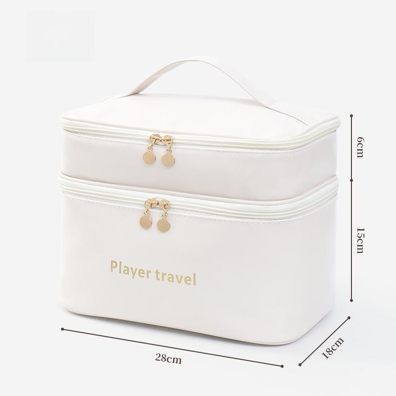 1pcs PU Double-Layer Cosmetic Bag Stylish Skincare Organizer Large Capacity Travel Toiletry Bag for Makeup & Toiletries бежевый