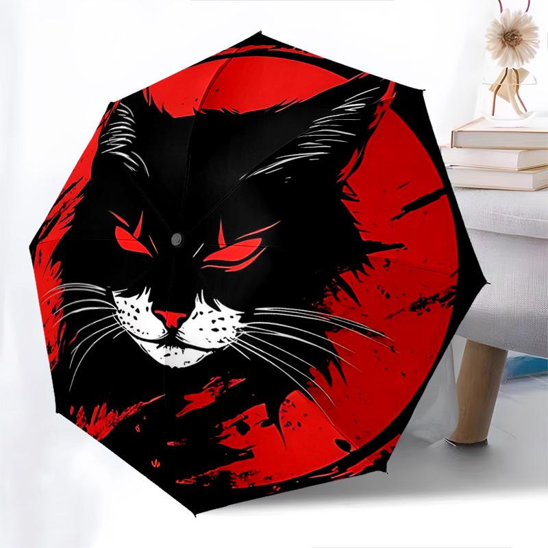 

1pc Black Cat Red Moon Auto Open Close Umbrella, Portable 3-Fold Design, 8-Bone Iron Frame Outdoor Umbrella, Perfect Gift for Fans, Travelers, Daily U