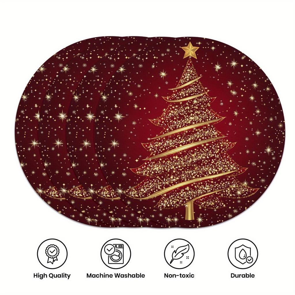 4 Stück Goldener Weihnachtsbaum Rot Runde Tischsets Set, Weihnachten Stern Tischmatten Platzsets 38,1 cm für Party Küche Esszimmer Dekoration