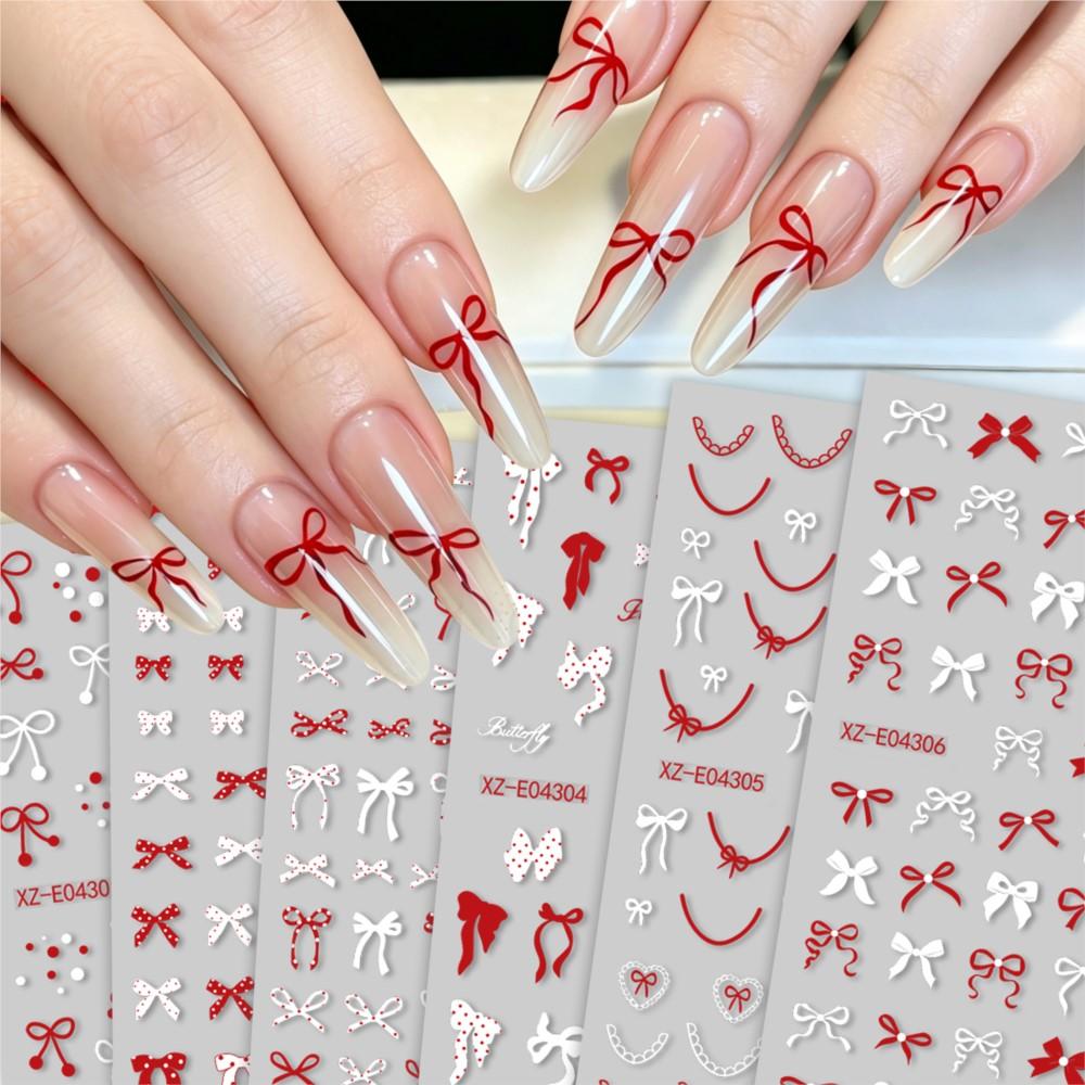 6pcs 3D Red White Bow Ribbon Nail Stickers Cute Polka Bowknot Dot French Lines Nail Decals 8*10cm Self-adhesive Bow Nail Decora
