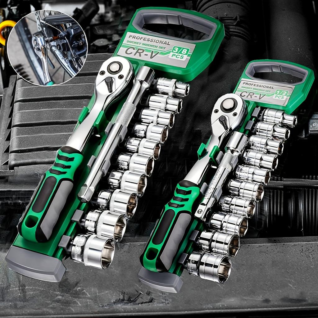 Drive Socket Set 1/4"-3/8"-1/2", Sockets with Quick-Release Ratchet Wrench, Compact Sockets for Car Repair, Mechanic Tool