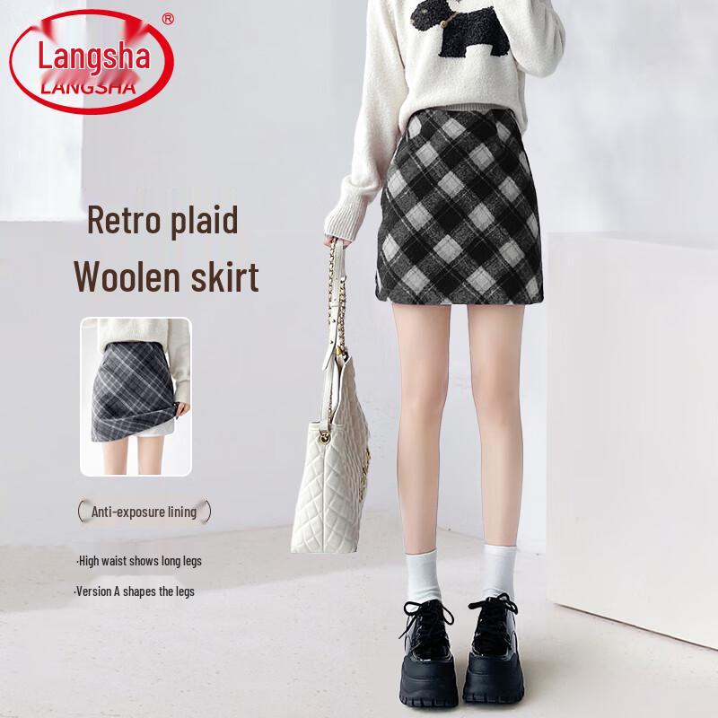 Women s Retro Plaid Wool Blend A-line Skirt L