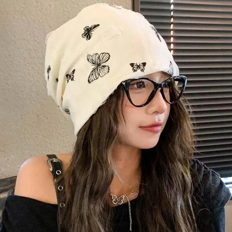 Autumn Winter Warm Bonnet Girls Elastic Skull Caps Korean Baggy Beanie Hats Hip Hop Streetwear Butterfly Pullover Hat