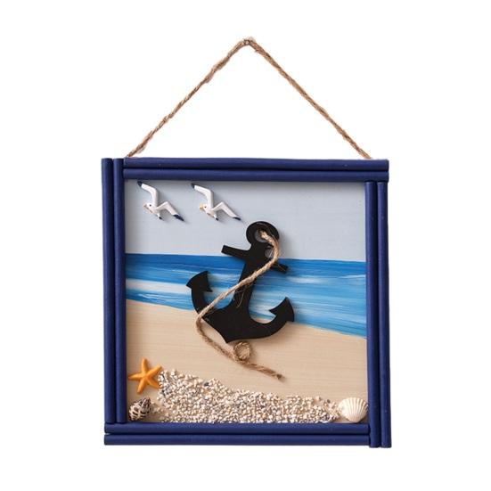 Wood Beach Framed Wall Art Coastal Ocean Theme Wall Hanging Sign with Steer Wheel Conch Sailboat for Bathroom Bedroom Living Room Decor
