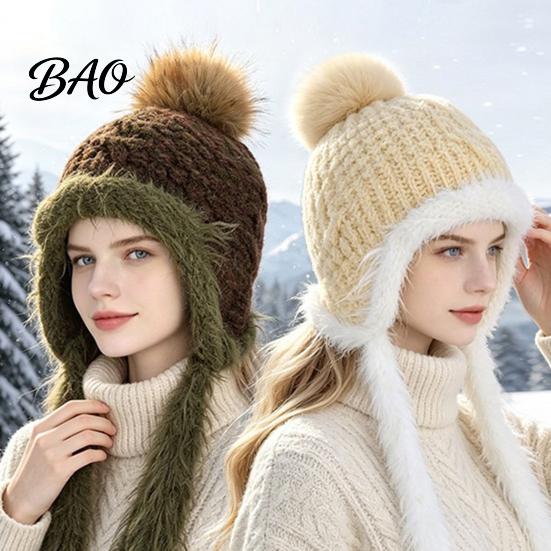 Ear Warmer Hat for Cycling Women Knitted Earflap Hat, Fuzzy Trim Pompom Soft Warm Outdoor Winter Knit Cycling, Cold Weather Daily Wear