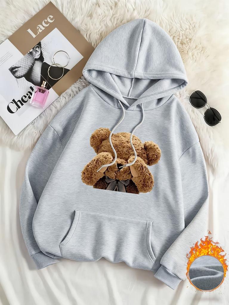 Women's eye-covering teddy bear print hooded sweater autumn and winter velvet loose oversize women's hoodie