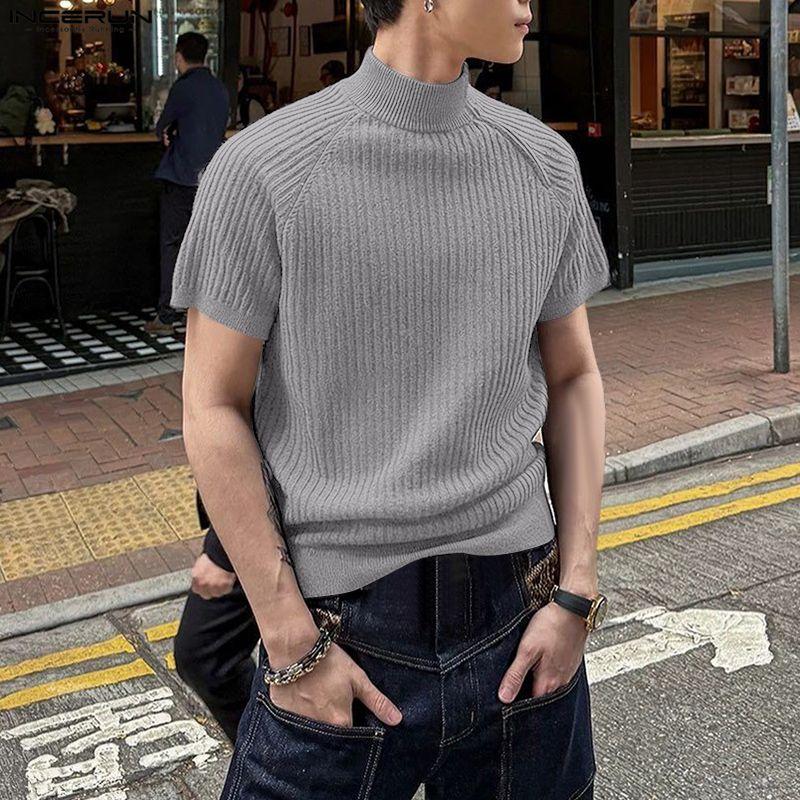 INCERUN Men High Neck Short Sleeve Casual Rib Fitted Tops T-shirts