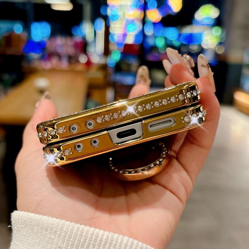 Luksuriøst ensfarget lær galvanisert 2 stk telefondeksel til Samsung Galaxy Z Flip6 Flip5 Flip4 Flip3 Diamantramme Støtsikker Metallring Sammenleggbart deksel