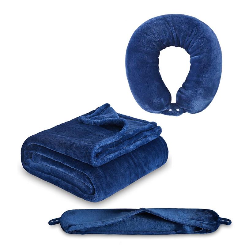 Inflatable Travel Neck Pillow with Portable Flannel Fleece Blanket and Zipper Storage Bag