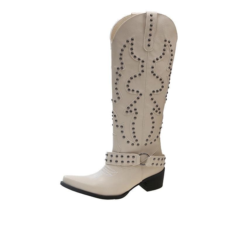 Ретро пряжка ремінь заклепка західні ковбойські чоботи жіночі 2025 нові гострий носок товстий каблук халява V-подібний виріз високі лицарські чоботи