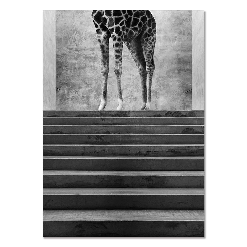 Černobílé moderní zvířecí nástěnné plakáty Schodiště Panda Jelen Zebra Žirafa Obrazy na plátně Obrazy do interiéru Domácí dekorace