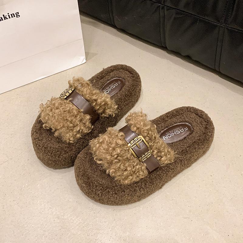 Retro thick-soled fluffy slippers women's outer wear 2025 autumn and winter Korean version comfortable curly slippers one-word cotton towing women's 