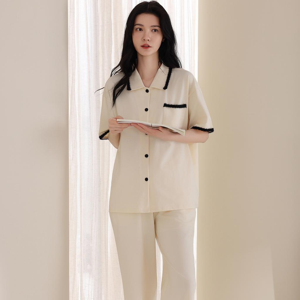Pure cotton pajamas women's 1011 new summer super soft lapel loose casual can be worn outside loungewear cotton set