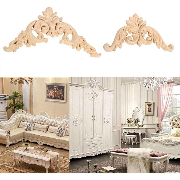 4pcs Wooden Onlay Applique for Furniture, Carved Wood Corner Decals for Mirror Bed Door Cabinet, Flower Shape Unpainted Wood Decor(12x12cm/4.7x4.7in)
