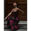 Shemoda Retro Rose Printing Slip Dress Female Elegant Sexy Backless Lace up Cinched Waist over-the-Knee Long Dress