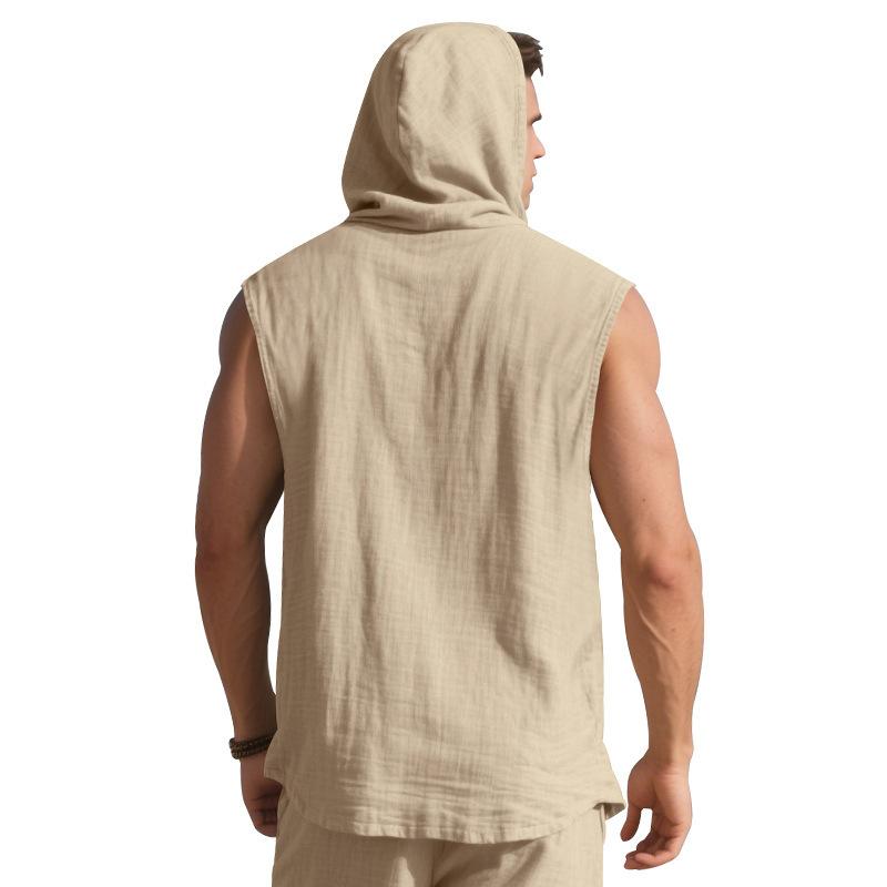 2025 Summer Mens Sleeveless Shirt New Men Loose Casual Linen Hooded Shirt Male Thin Waistcoat Male Trendy Casual Shirt