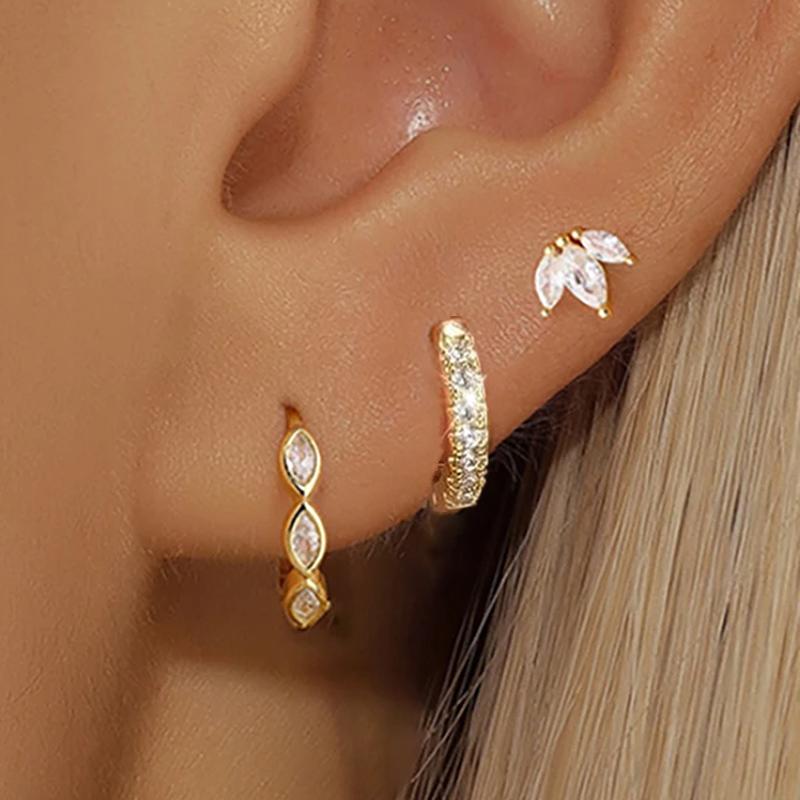 3PCS Crystal Flower Tragus Stud Earring Set Women Fashion Square Huggie Hoop Earring Bulk Cartilage Helix Jeweley Lobe Piercing