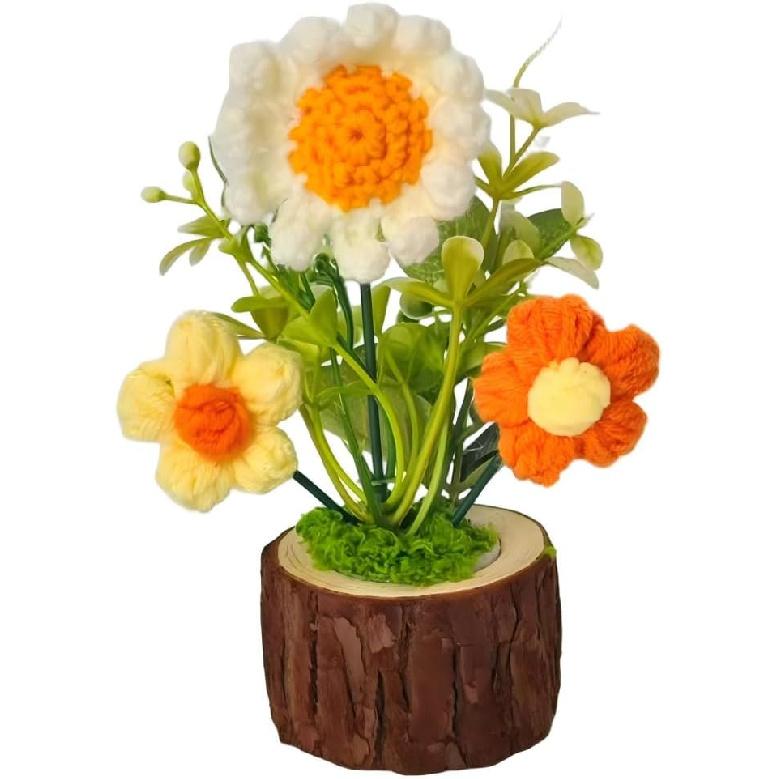 Handmade Crochet Sunflower Bouquet in Pot-Charming Knitted Creative Mini Flower Bouquet,Forever Blooming Home Desktop Decor or Gift for