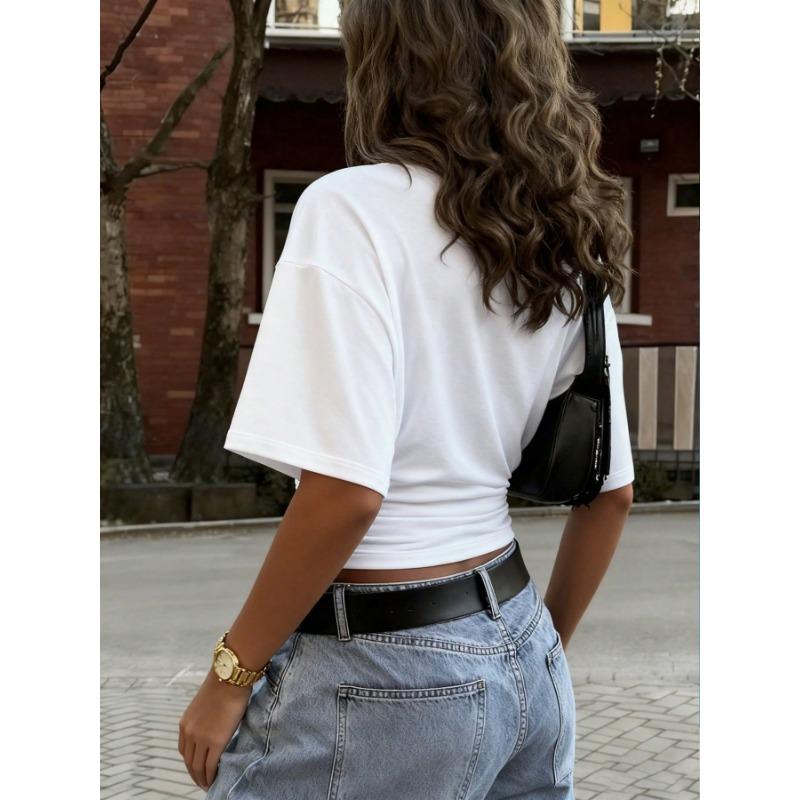 Women Y2k Solid Color Crew Neck Batwing Cinched Waist Loose Short Sleeve T Shirt