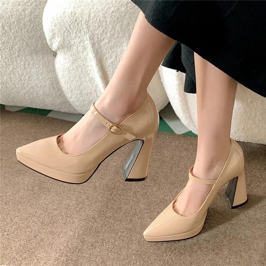 Women Platform Mary Janes Pointed Toe High Chunky Heels Pumps Office Party Dress Wedding Red White Ladies Patent Leather Elegant