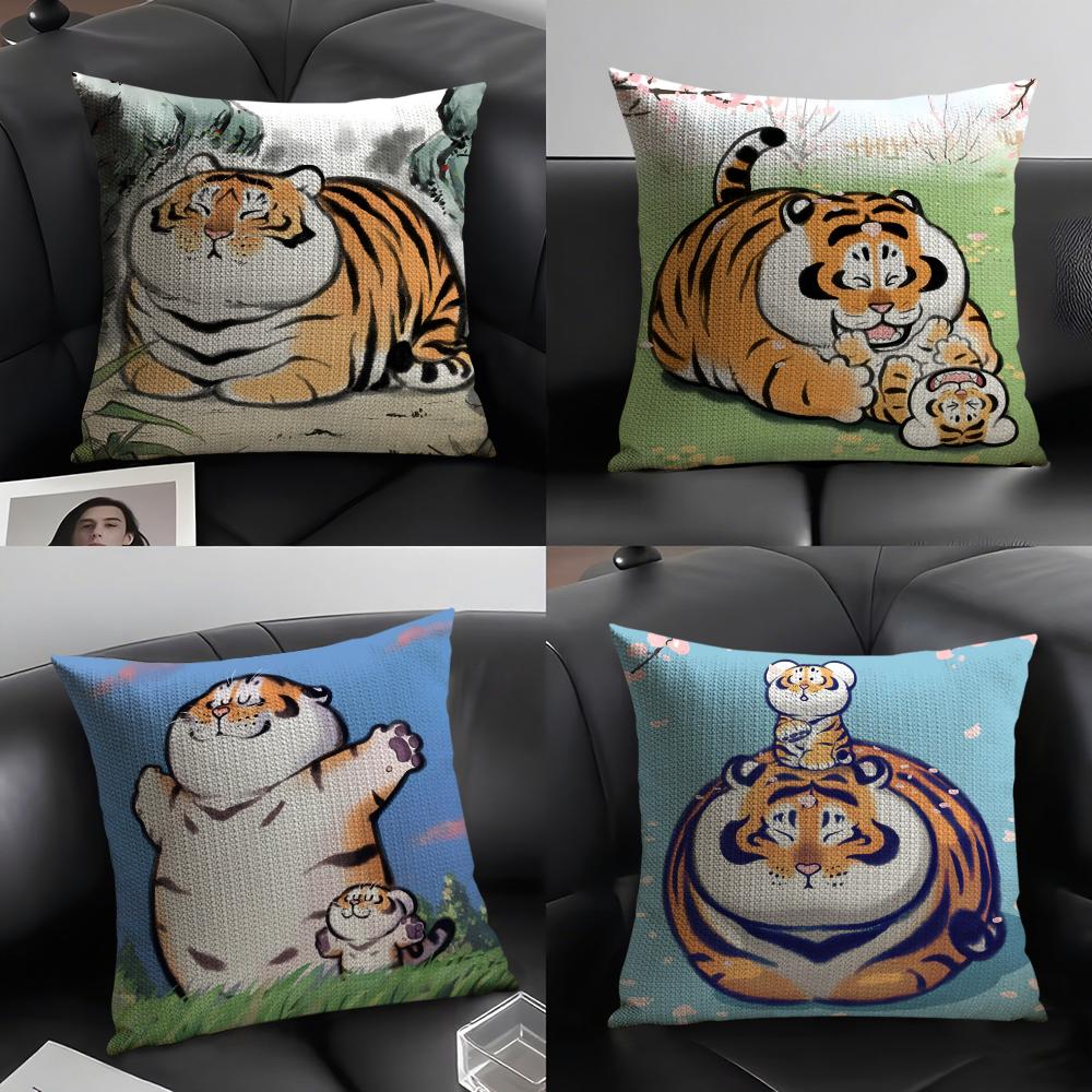 Cute Tiger Fashion Cushion Cover Natural Linen Organic Fabric DoubleSided Printing Sofa Home Decor Gift Pillow Case