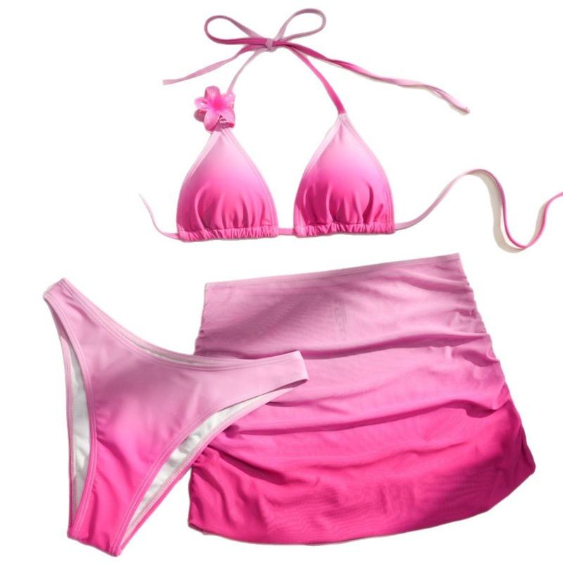 Gradient Color Sexy Bikini Set Women Halter Push Up Bra Skirt 3 Piece Swimsuit Bathing Suit Cover Up Swimwear Biquini