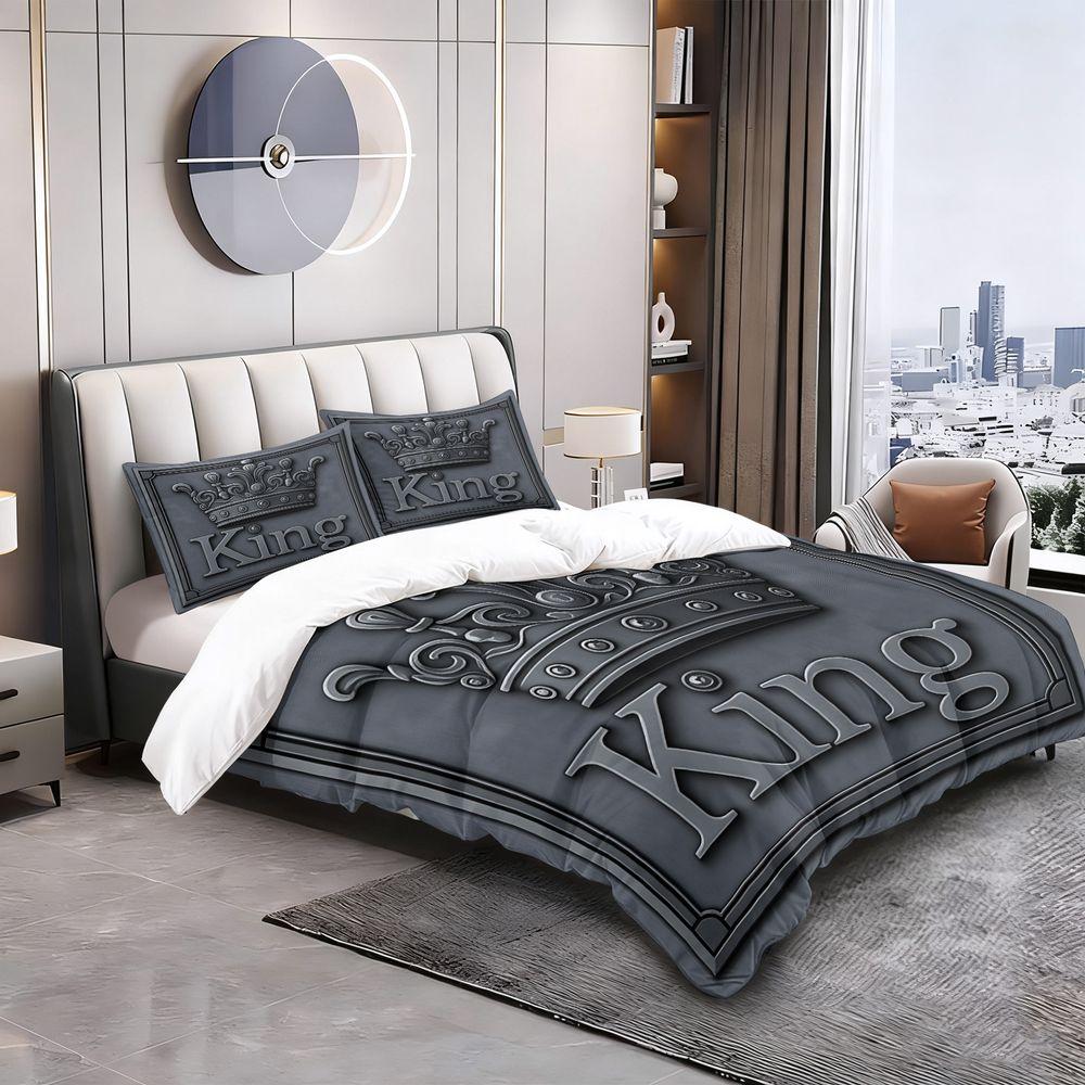 Luxury King Crown Print Duvet Cover Set(1 Duvet Cover & 1/2 Pillowcase) Metallic Style Bedding Set For Men Bedroom Decor
