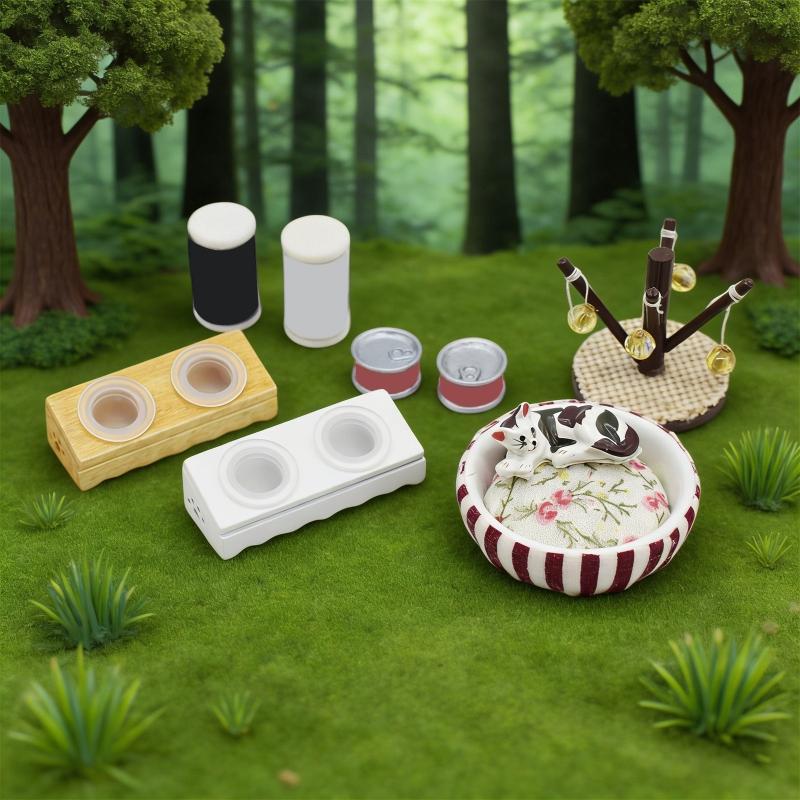 1/12 Doll House Miniature Cats Bed Set with Feeder Bowls for Enhanced Realistic Toy Collection Kids Pretend Play Activity