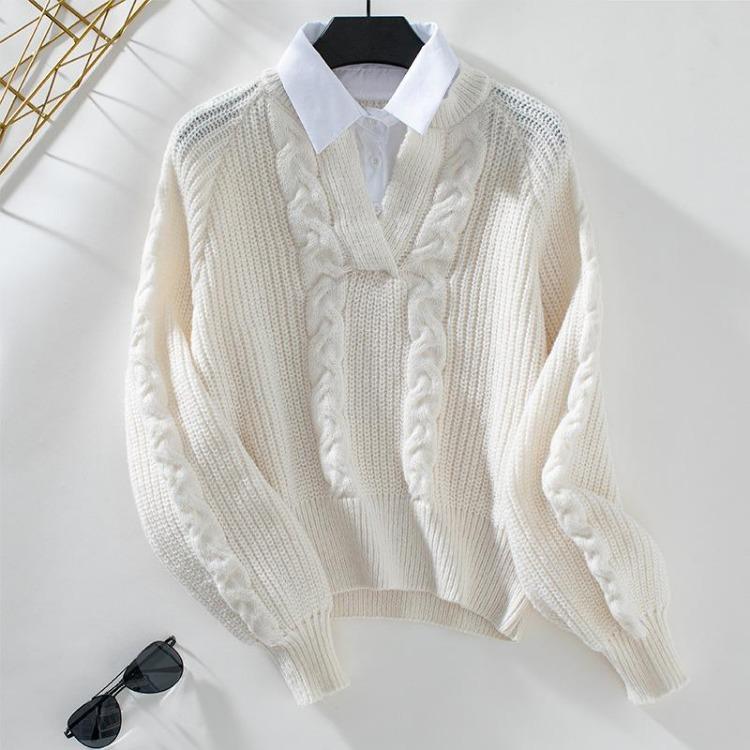 Vintage Knitwear Cardigan Sweater 2 in 1 Loose Long Sleeve Solid Color O Neck Top Autumn Winter